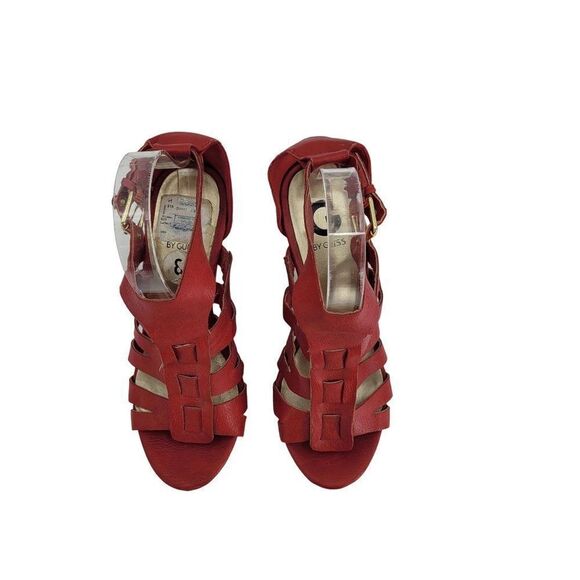 Y2K Guess Strappy Wedge Platform Sandals 8 Red Faux Vegan Leather Chunky Heels - Picture 6 of 15